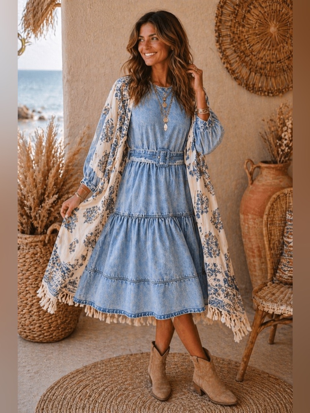 Front Row by Sara & Goldy Boho Denim Belted Midi Dress – Tiered | Puff Sleeve - Picture 4 of 12